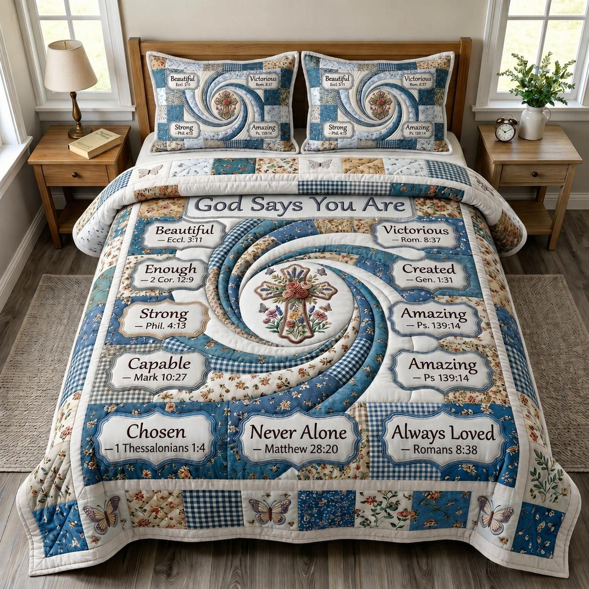 Christian Faith quilted 3-piece bedding set on a made bed in a softly lit bedroom
