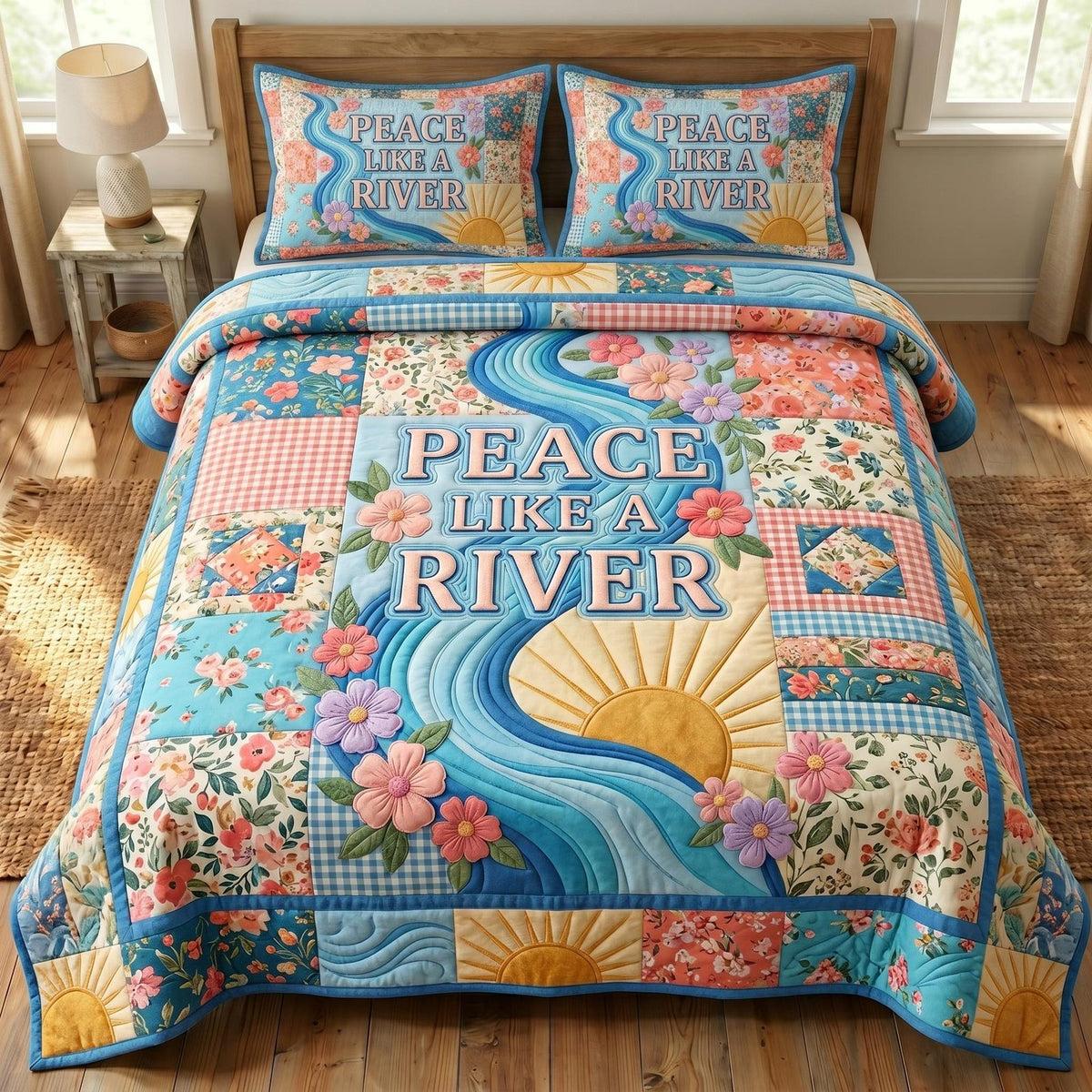 Christian Faith quilted 3-piece bedding set on a made bed in a softly lit bedroom
