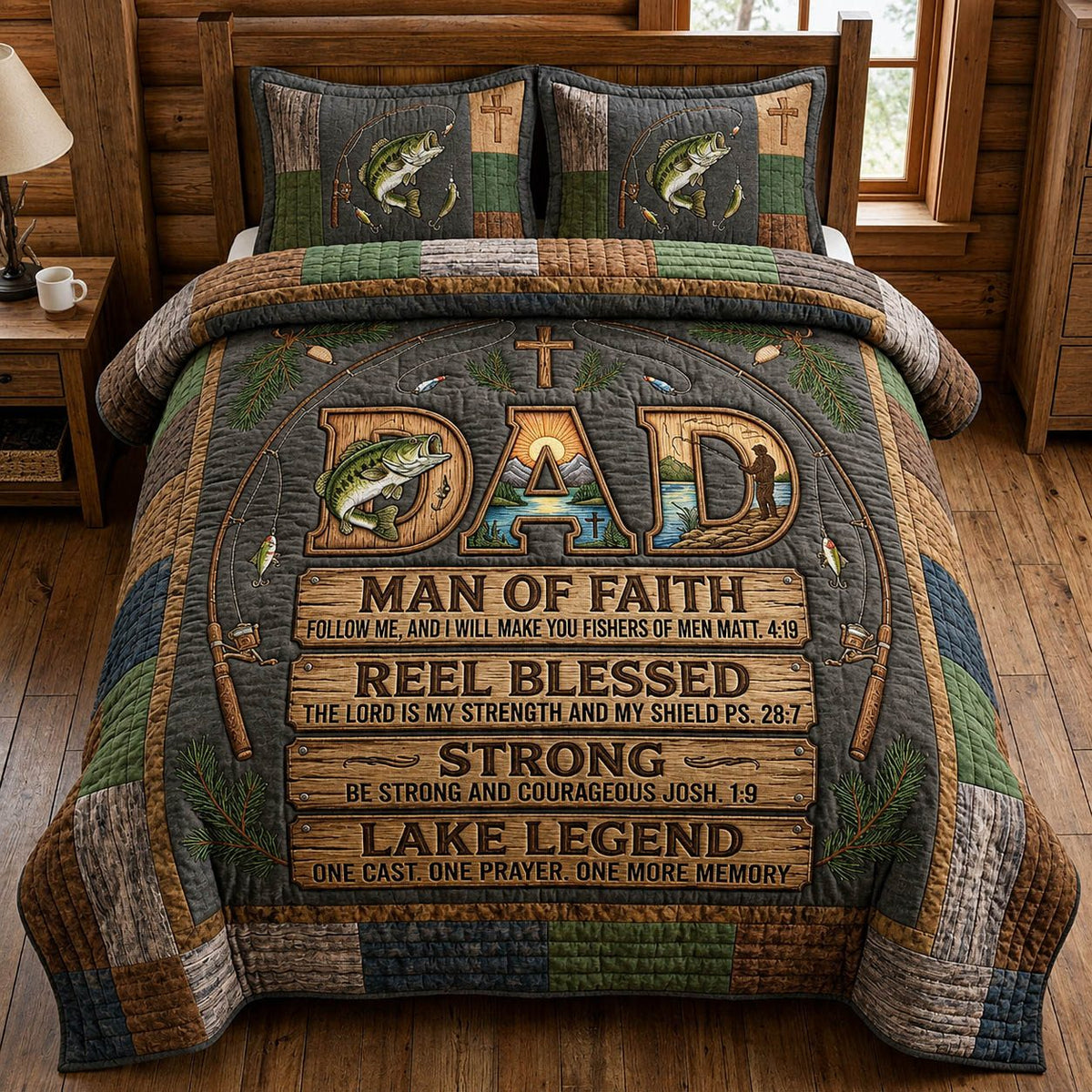 Christian Fishing Dad quilted 3-piece bedding set on a made bed in a softly lit bedroom