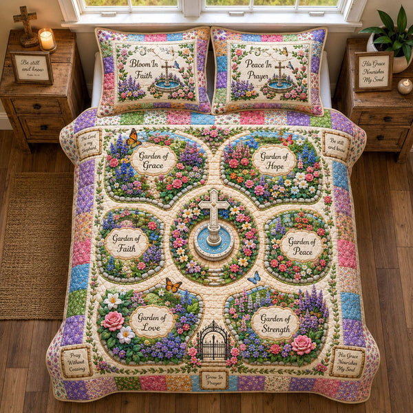 Christian Garden of Grace quilted 3-piece bedding set on a made bed in a softly lit bedroom