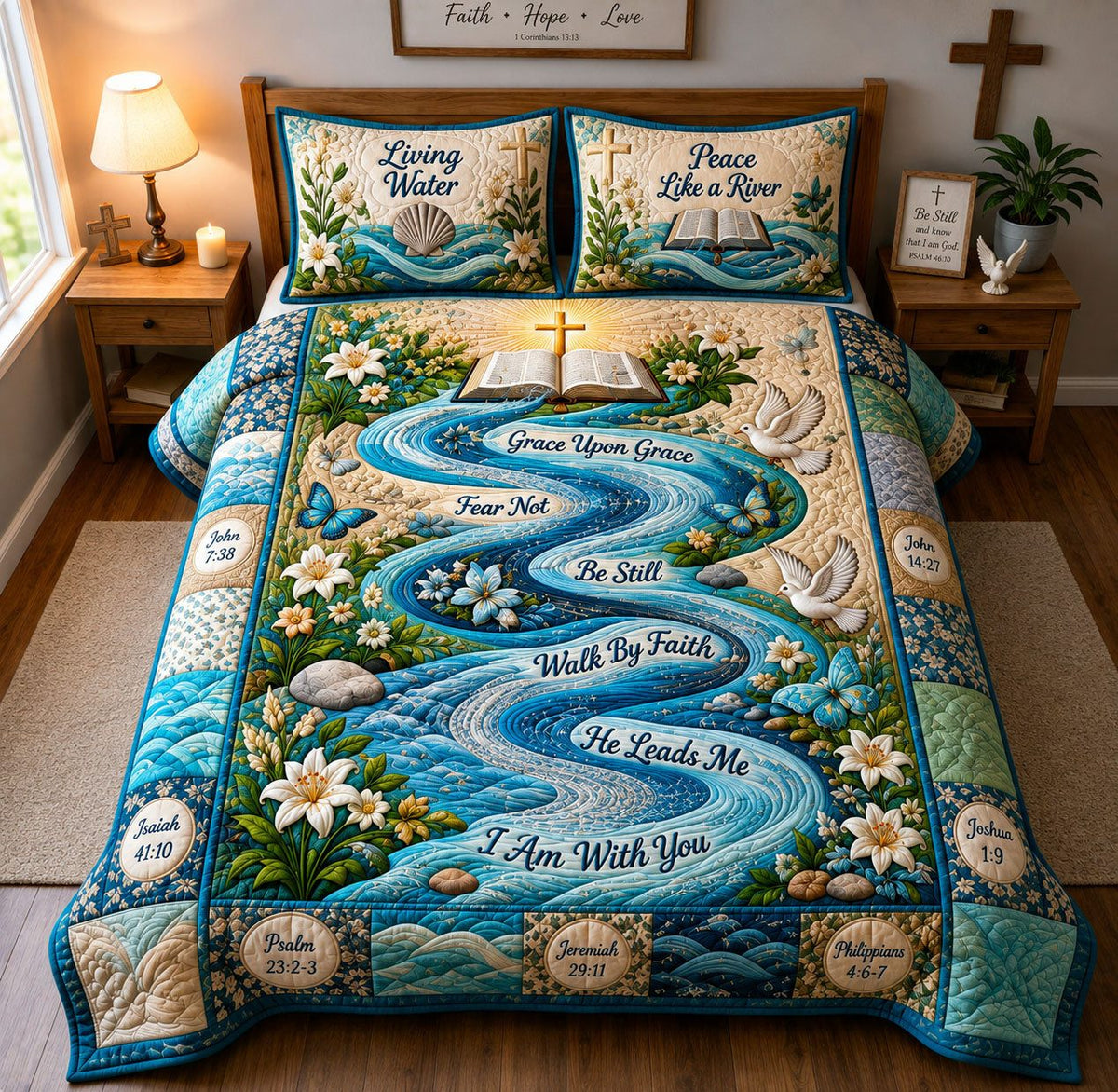 Christian Living Water Journey quilted 3-piece bedding set on a made bed in a softly lit bedroom