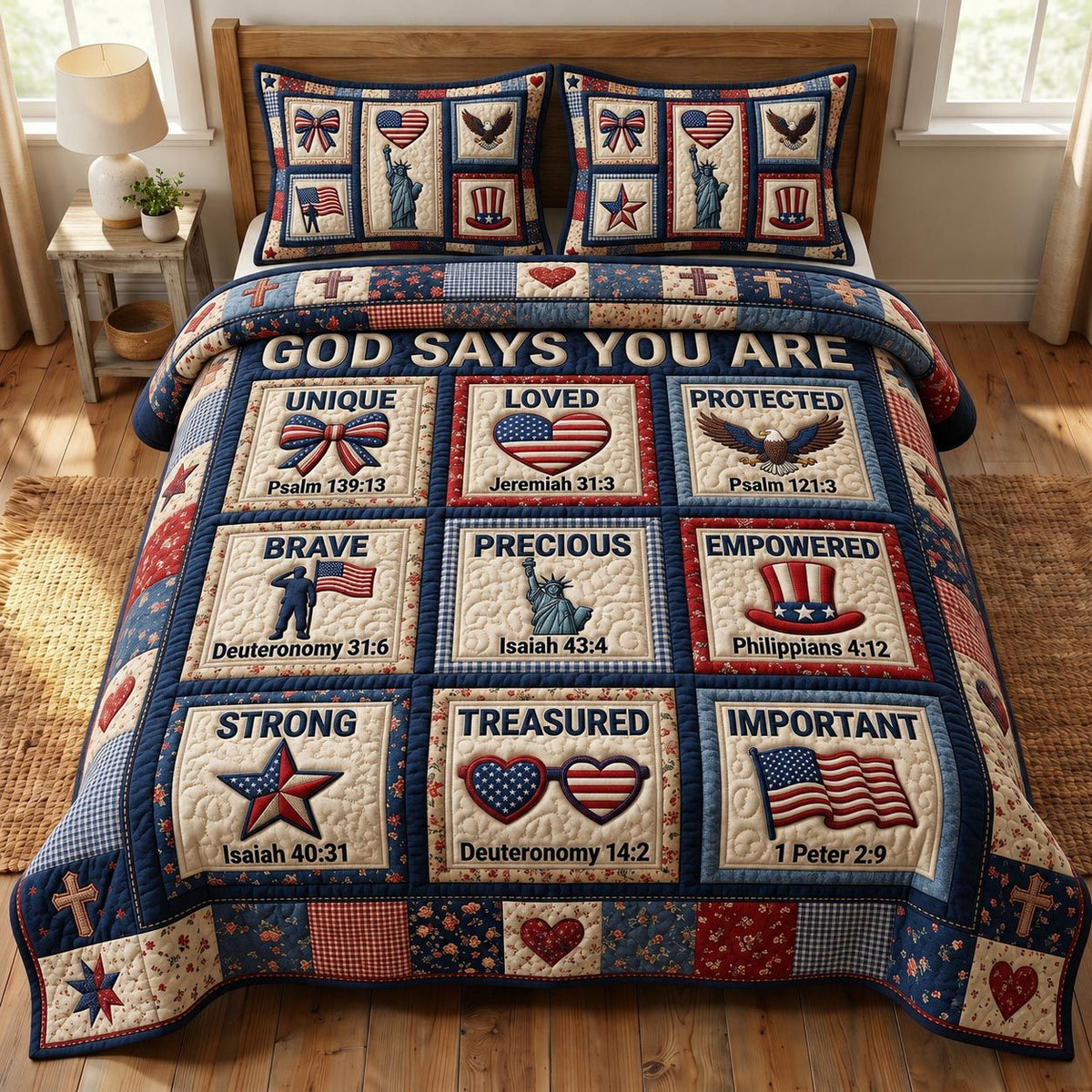 Christian Patriotic quilted 3-piece bedding set on a made bed in a warmly lit bedroom