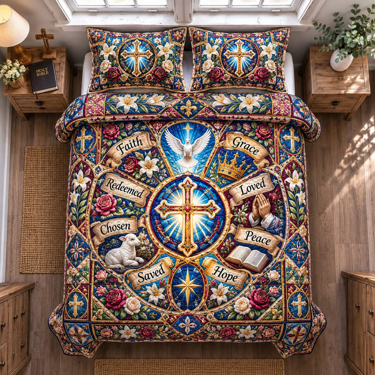Christian Stained Glass Faith quilted 3-piece bedding set on a made bed in a softly lit bedroom