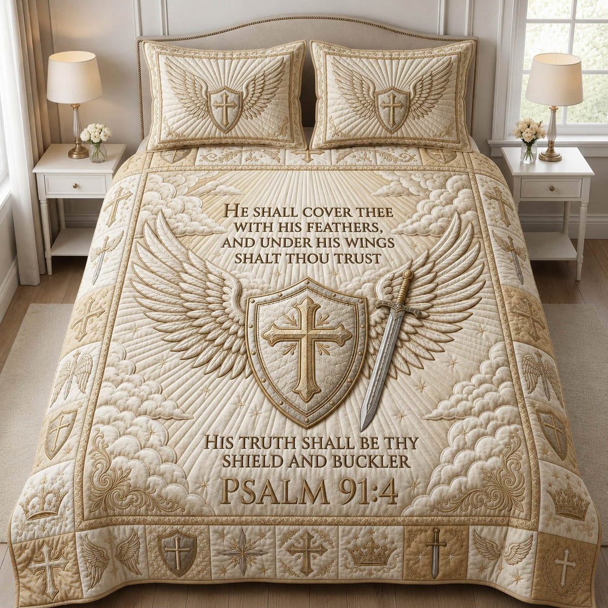 Christian Winged Armor quilted 3-piece bedding set on a made bed in a softly lit bedroom