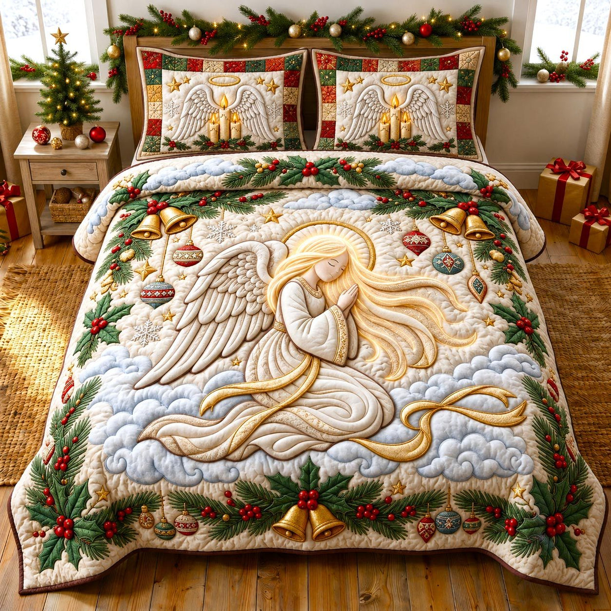 Christmas Angel quilted 3-piece bedding set on a made bed in a winter-styled bedroom