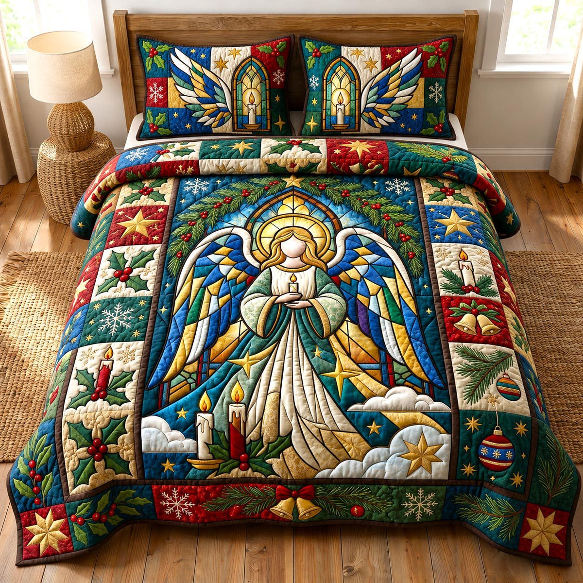 Christmas Angel quilted 3-piece bedding set on a made bed in a winter-styled bedroom