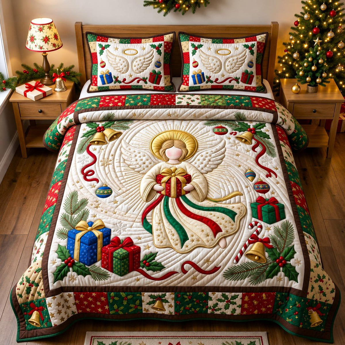 Christmas Angel quilted 3-piece bedding set on a made bed in a winter-styled bedroom
