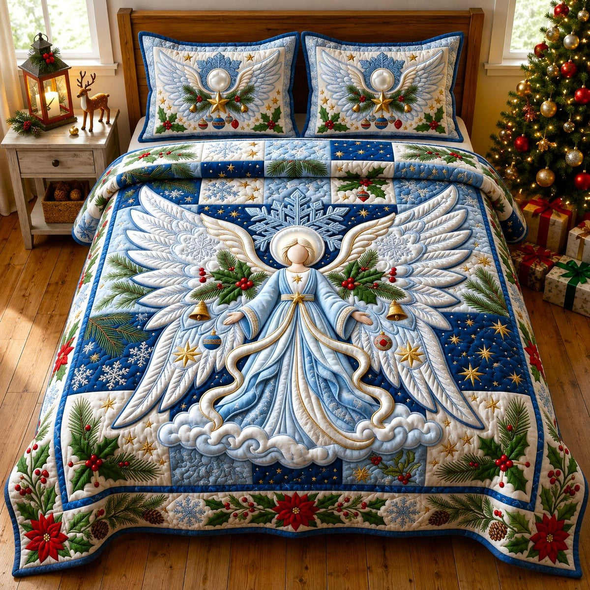 Christmas Angel quilted 3-piece bedding set on a made bed in a winter-styled bedroom
