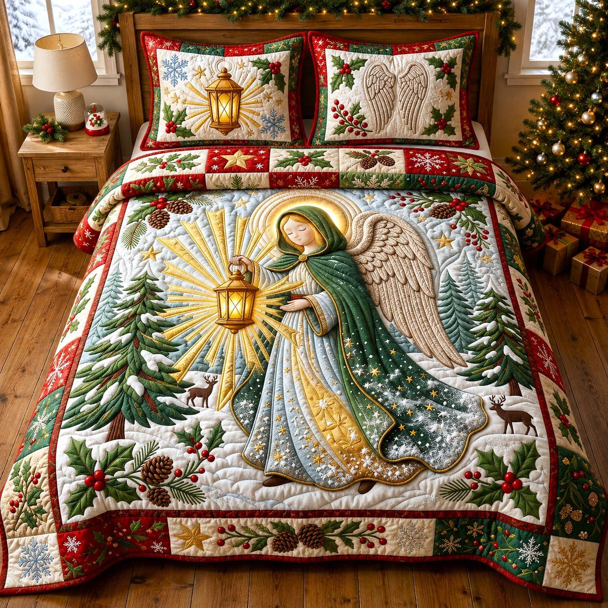 Christmas Angel quilted 3-piece bedding set on a made bed in a winter-styled bedroom