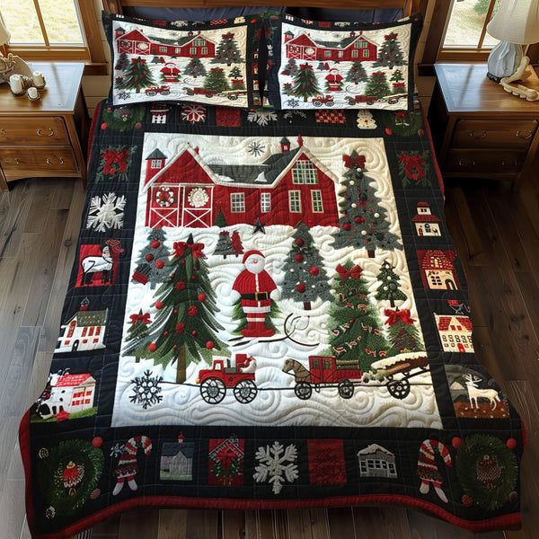 Christmas Barn quilted 3-piece bedding set on a made bed in a winter-styled bedroom