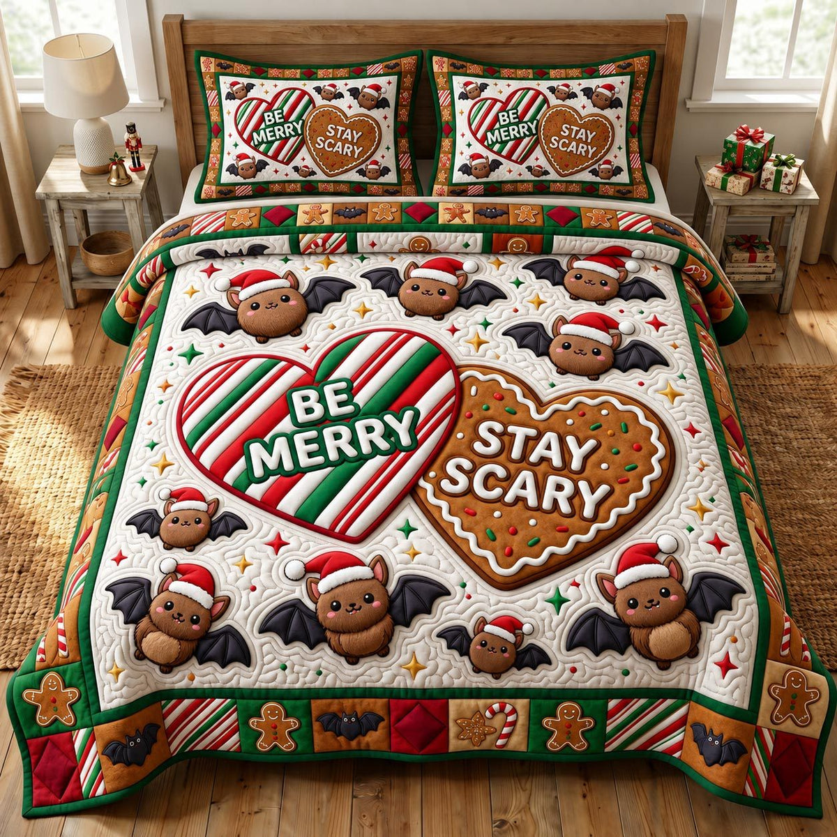 Christmas Bat quilted 3-piece bedding set on a made bed in a winter-styled bedroom