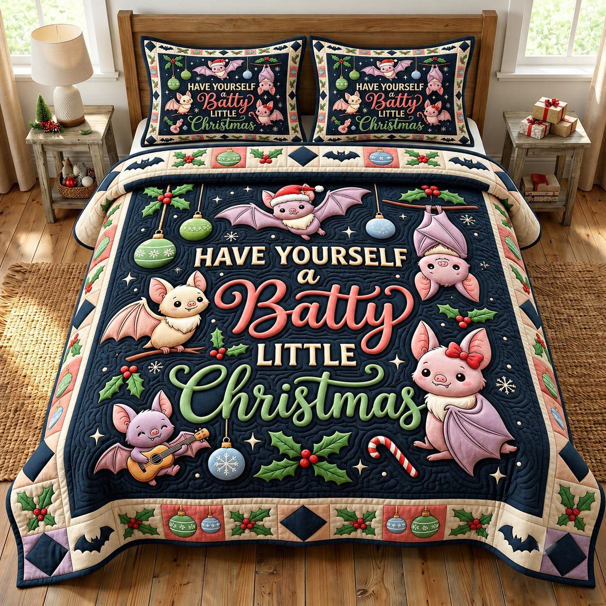 Christmas Bat quilted 3-piece bedding set on a made bed in a winter-styled bedroom