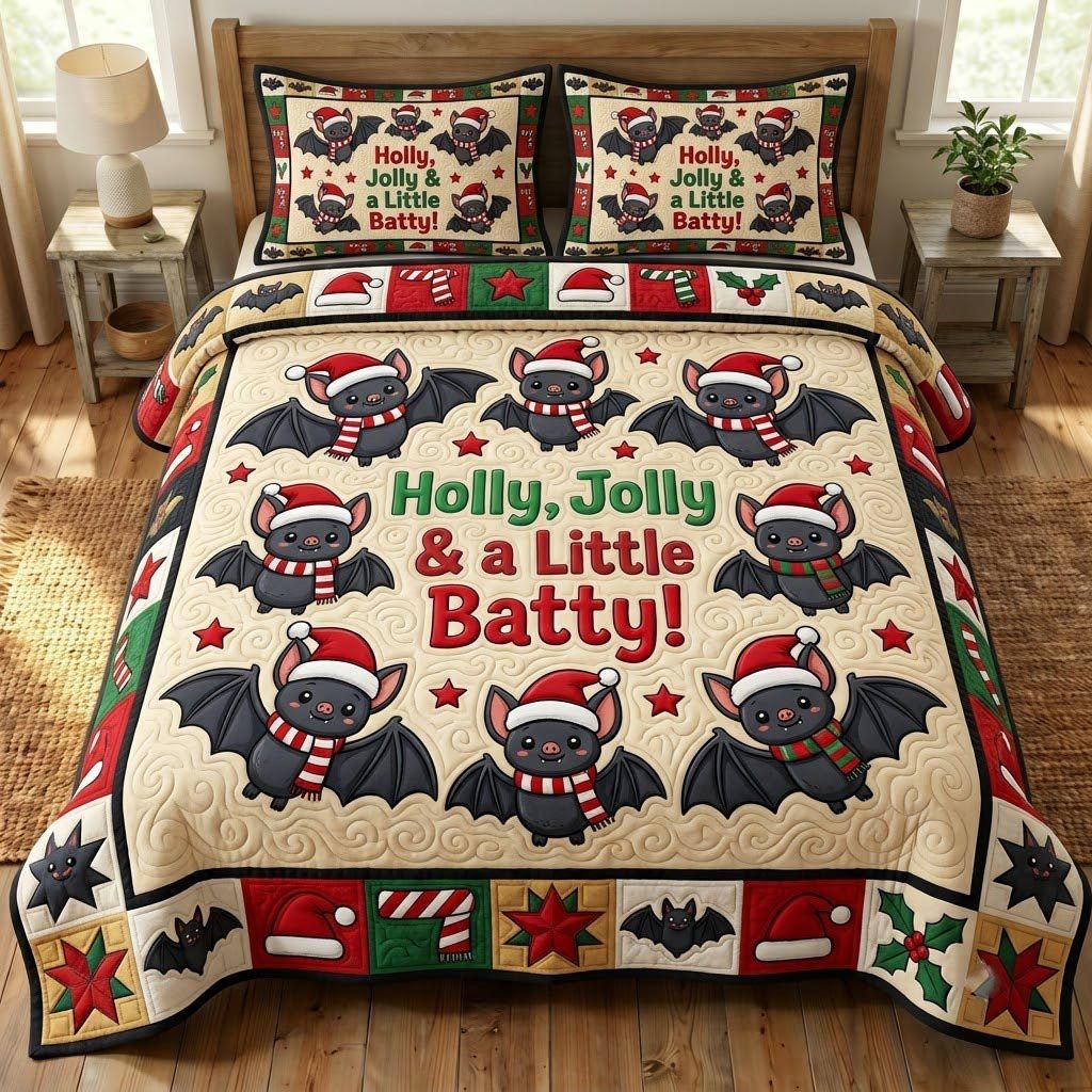 Christmas Bat quilted 3-piece bedding set on a made bed in a winter-styled bedroom