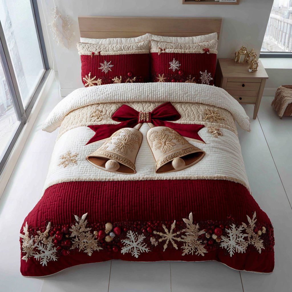 Christmas Bell Harmony quilted 3-piece bedding set on a made bed in a winter-styled bedroom