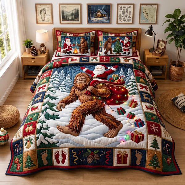 Christmas Bigfoot quilted 3-piece bedding set on a made bed in a winter-styled bedroom