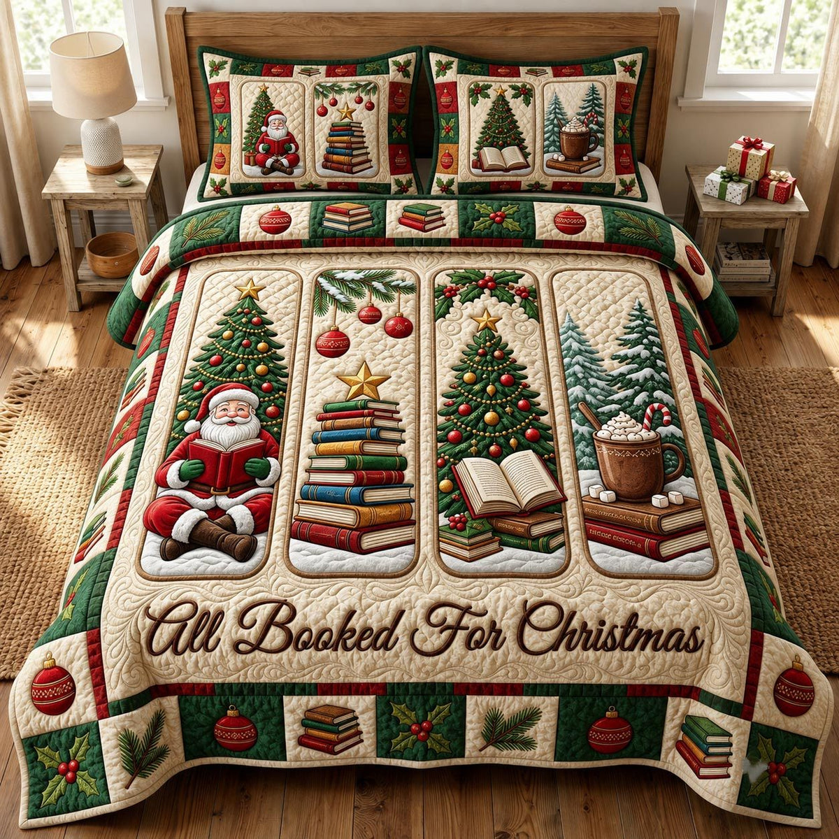 Christmas Book Lover quilted 3-piece bedding set on a made bed in a winter-styled bedroom