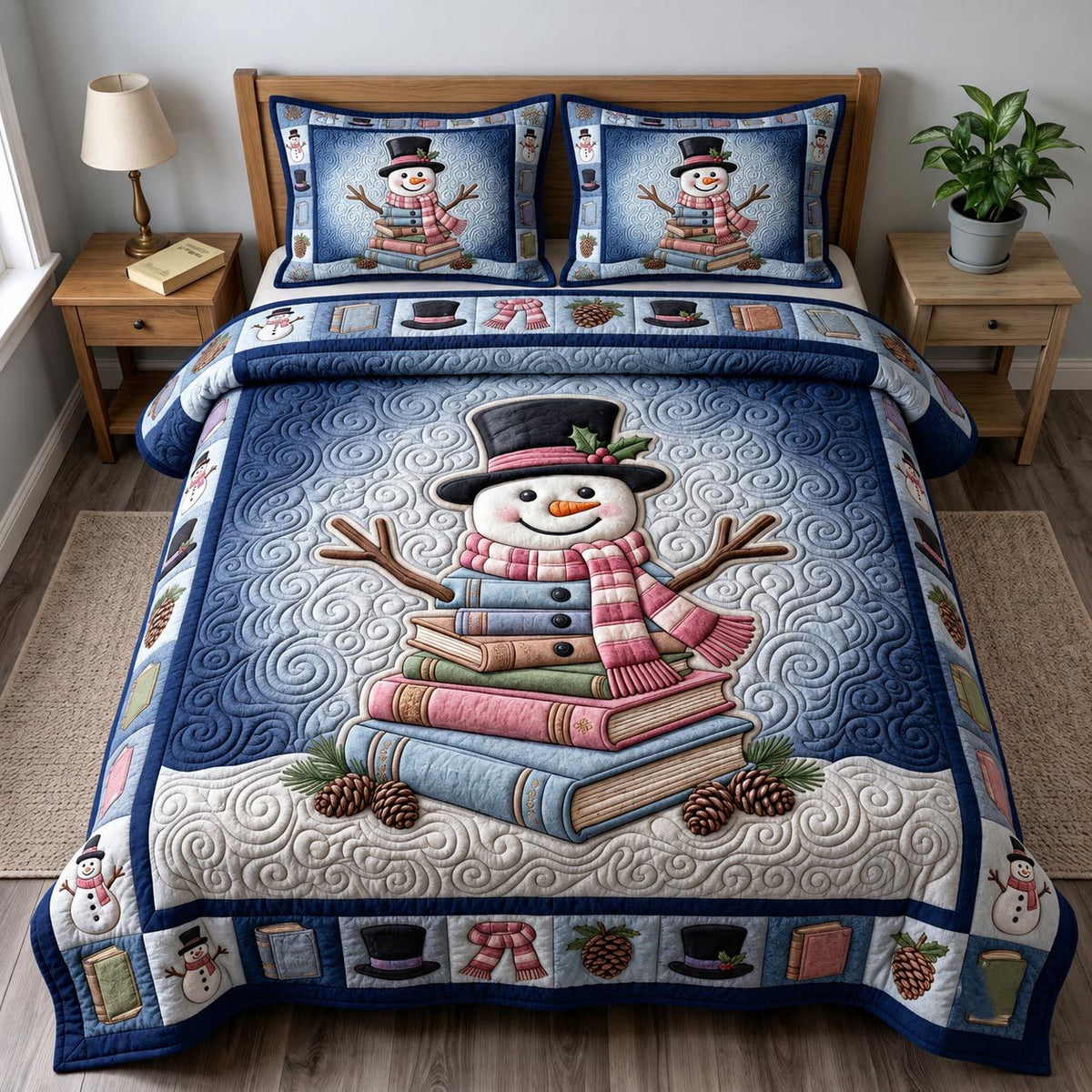 Christmas Book Lover quilted 3-piece bedding set on a made bed in a winter-styled bedroom