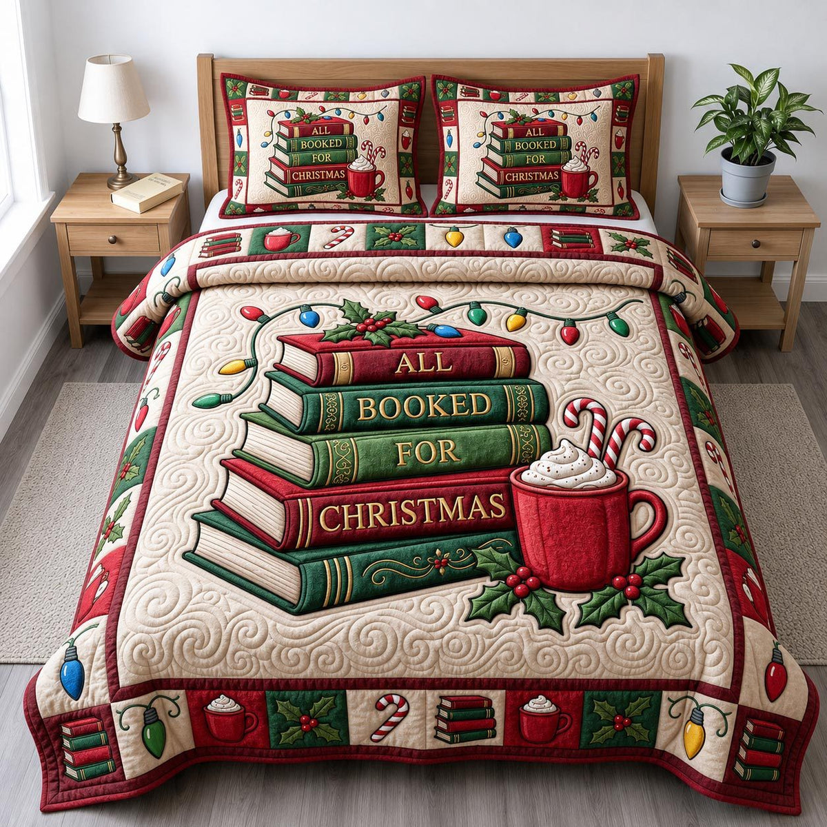 Christmas Book Lover quilted 3-piece bedding set on a made bed in a winter-styled bedroom