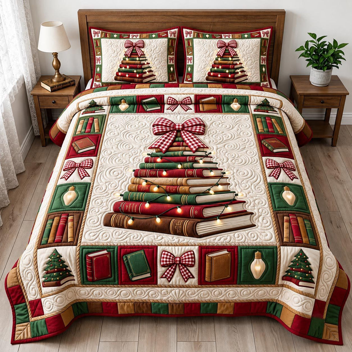 Christmas Book Lover quilted 3-piece bedding set on a made bed in a winter-styled bedroom