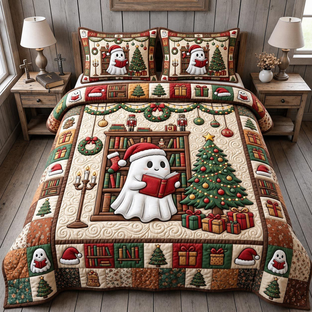 Christmas Book Lover quilted 3-piece bedding set on a made bed in a winter-styled bedroom