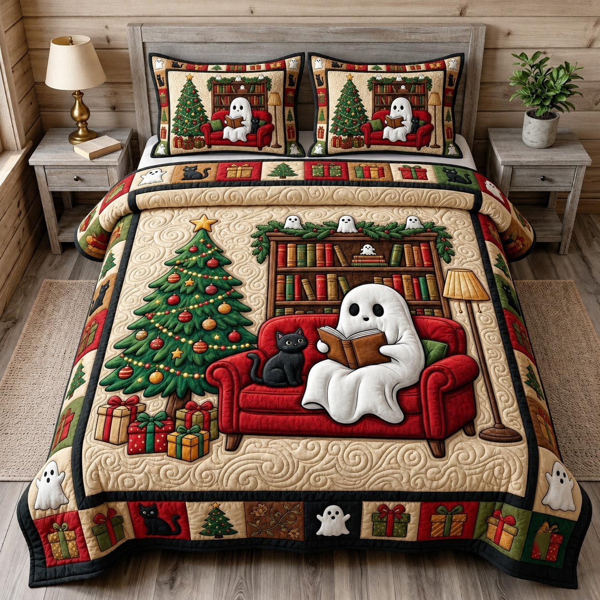 Christmas Book Lover quilted 3-piece bedding set on a made bed in a winter-styled bedroom