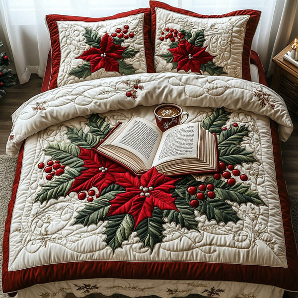Christmas Book Nook quilted 3-piece bedding set on a made bed in a winter-styled bedroom
