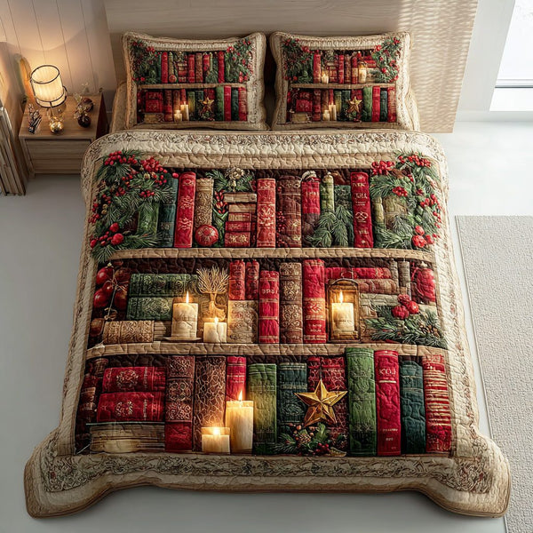 Christmas Bookshelf quilted 3-piece bedding set on a made bed in a winter-styled bedroom