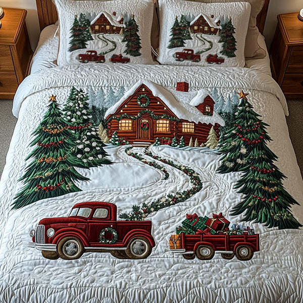 Christmas Caravan quilted 3-piece bedding set on a made bed in a winter-styled bedroom