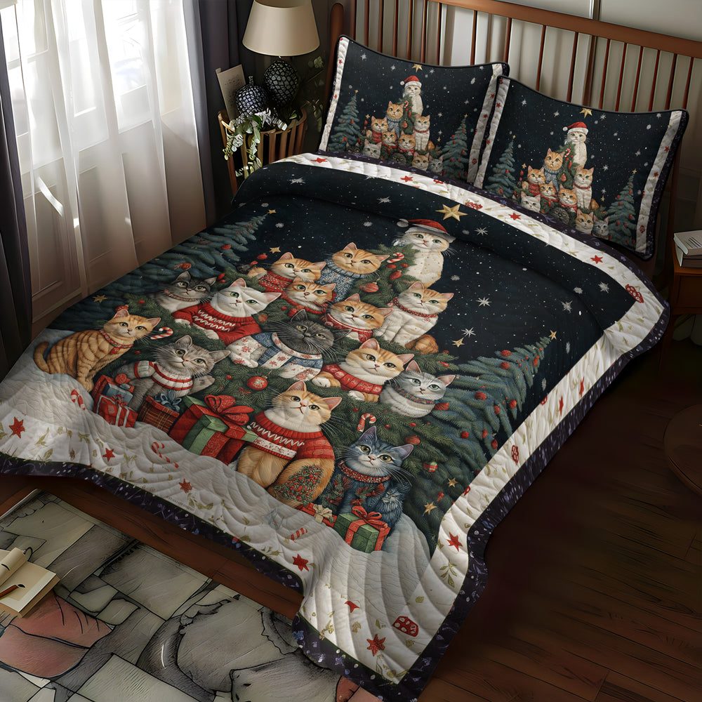 Christmas Cat Tree quilted 3-piece bedding set on a made bed in a winter-styled bedroom