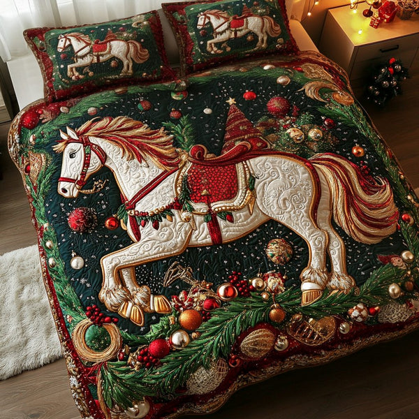 Christmas Charger quilted 3-piece bedding set on a made bed in a winter-styled bedroom