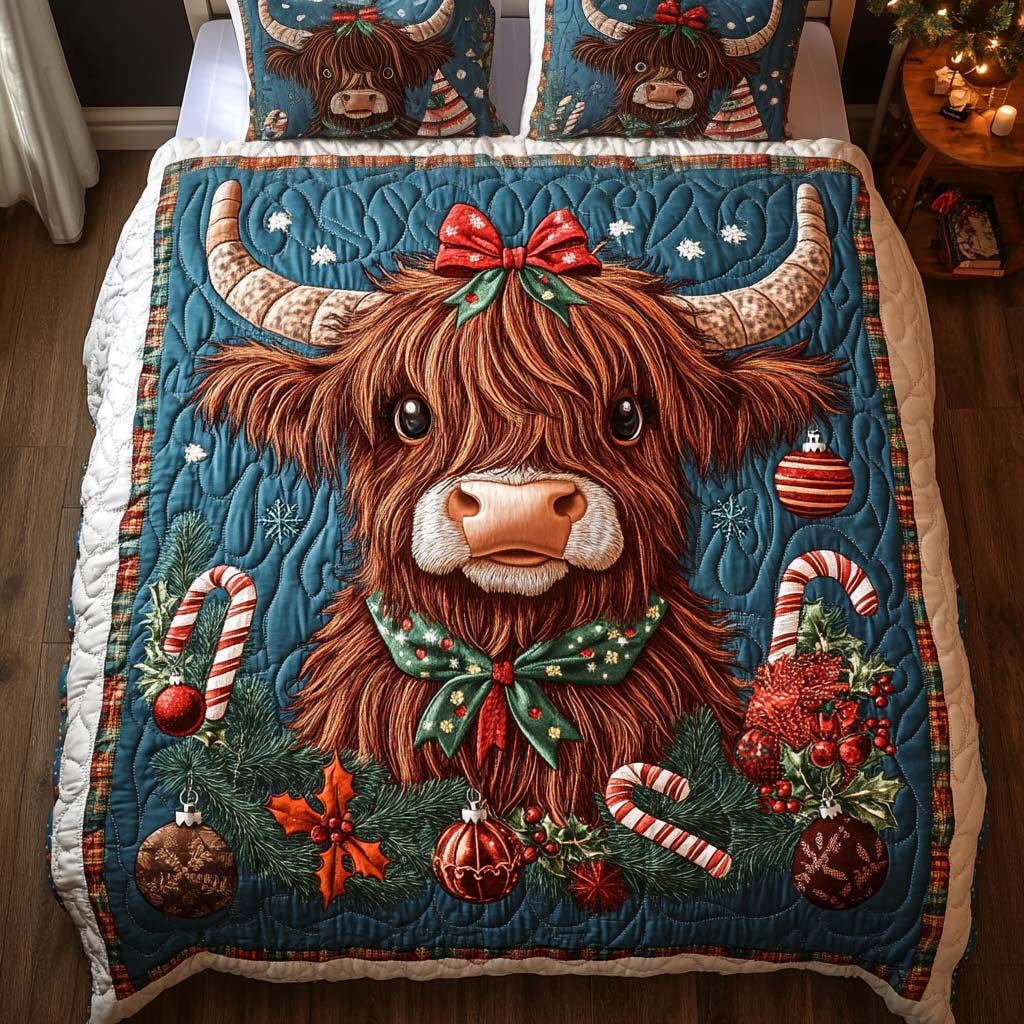 Christmas Charm quilted 3-piece bedding set on a made bed in a winter-styled bedroom