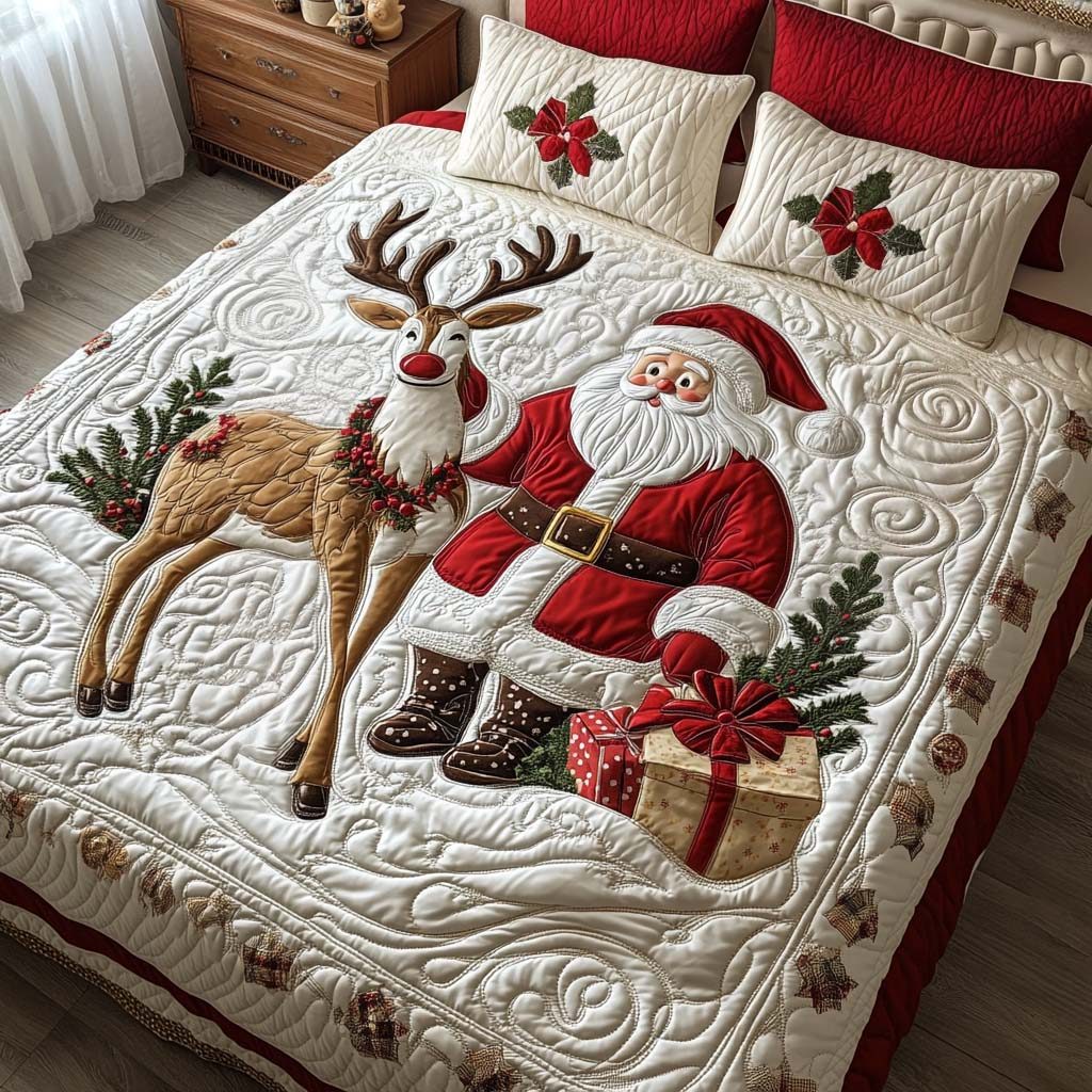 Christmas Cheer quilted 3-piece bedding set on a made bed in a winter-styled bedroom