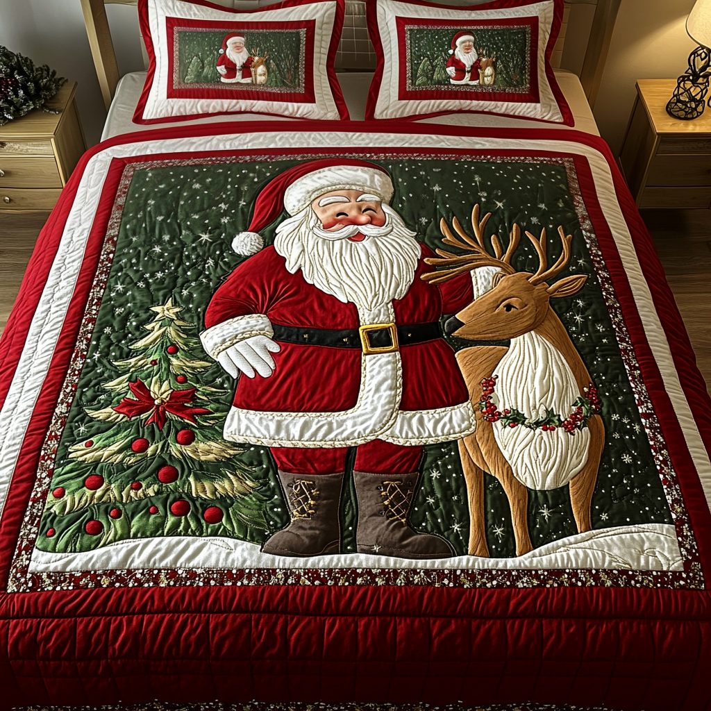 Christmas Cheer quilted 3-piece bedding set on a made bed in a winter-styled bedroom