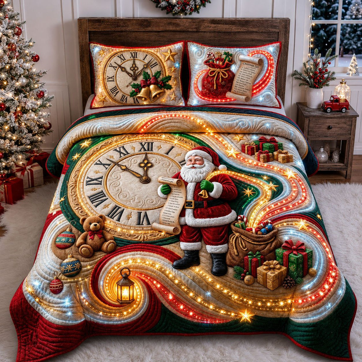 Christmas Clock quilted 3-piece bedding set on a made bed in a winter-styled bedroom
