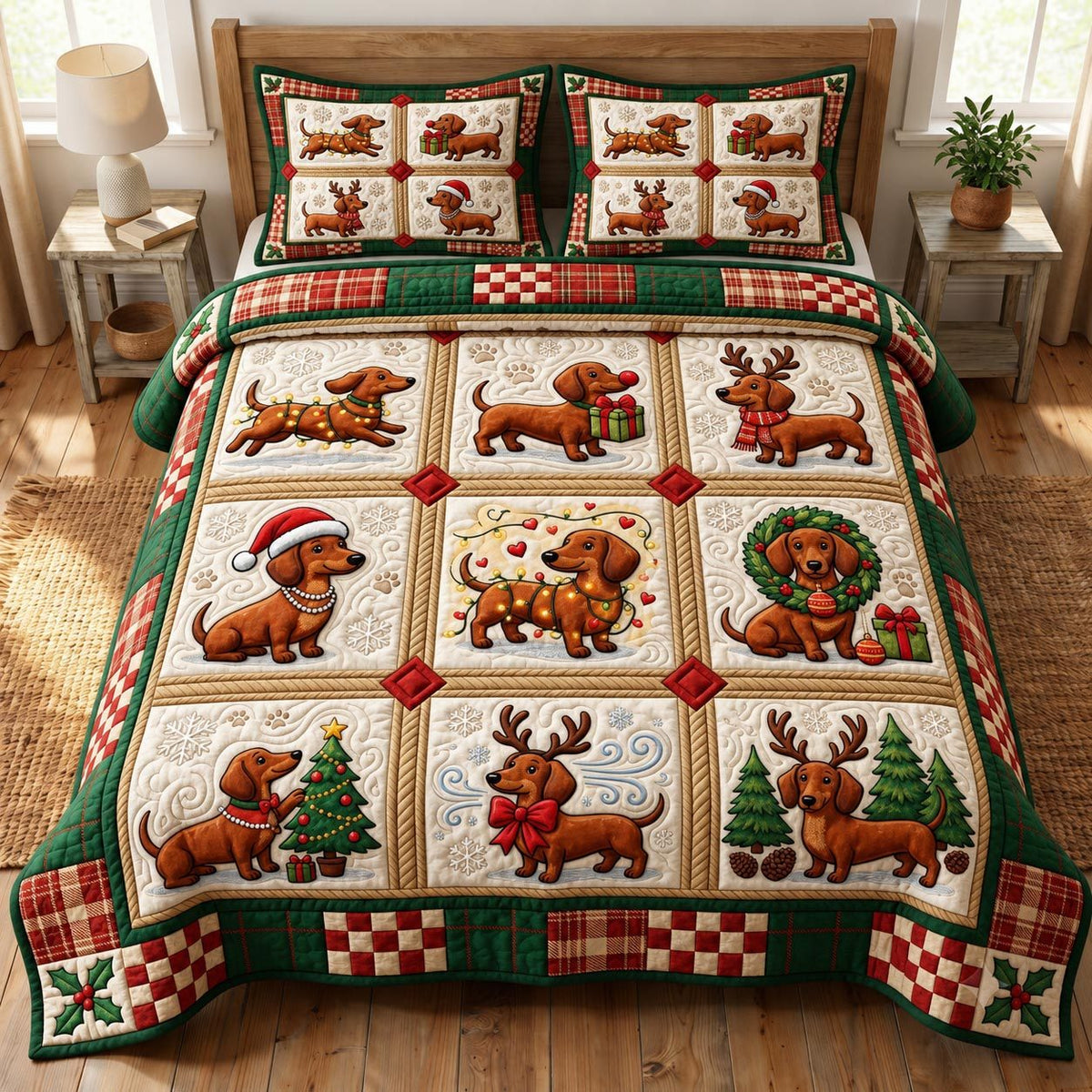Christmas Dachshund quilted 3-piece bedding set on a made bed in a winter-styled bedroom