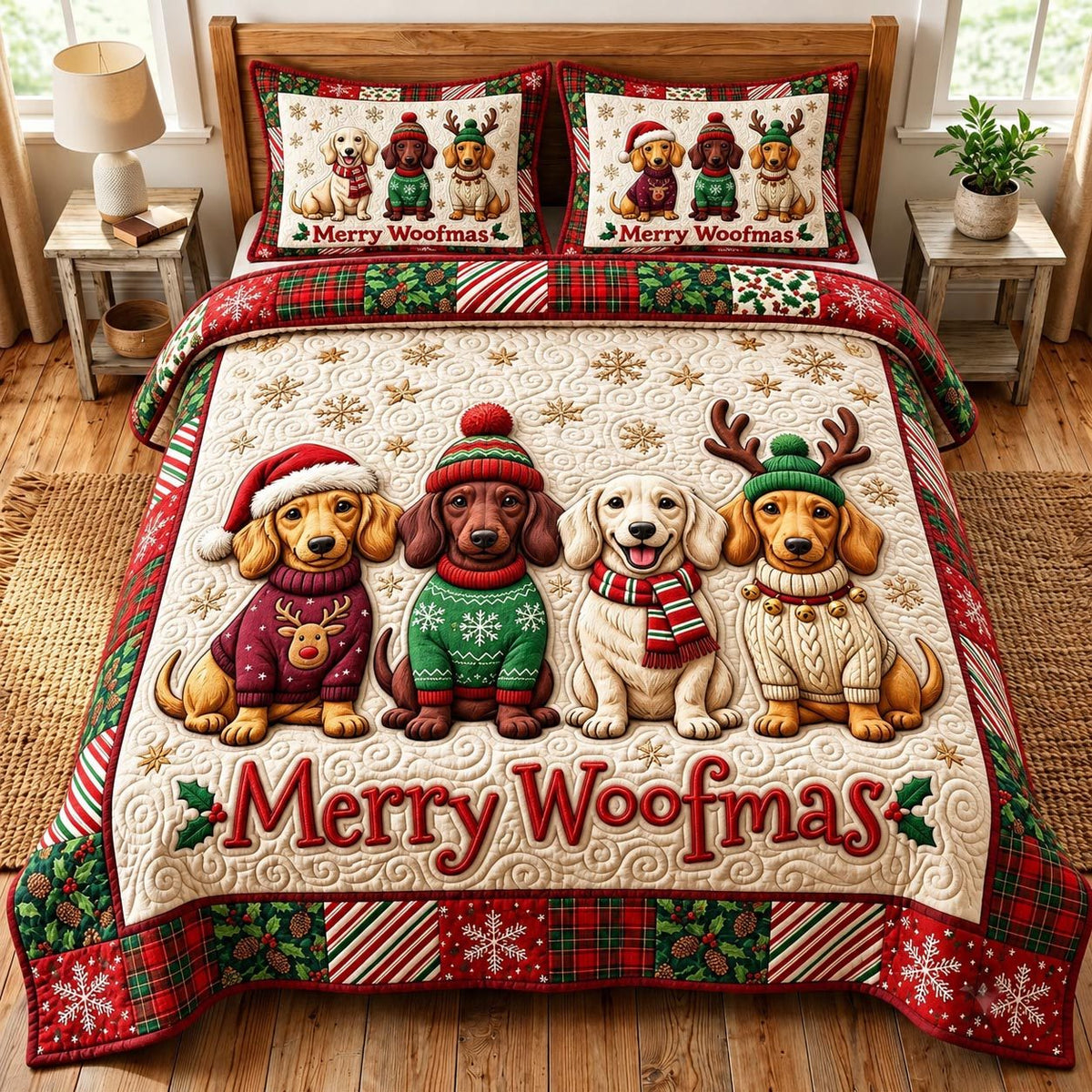 Christmas Dachshund quilted 3-piece bedding set on a made bed in a winter-styled bedroom