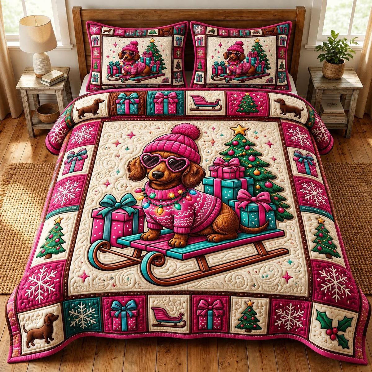 Christmas Dachshund quilted 3-piece bedding set on a made bed in a winter-styled bedroom