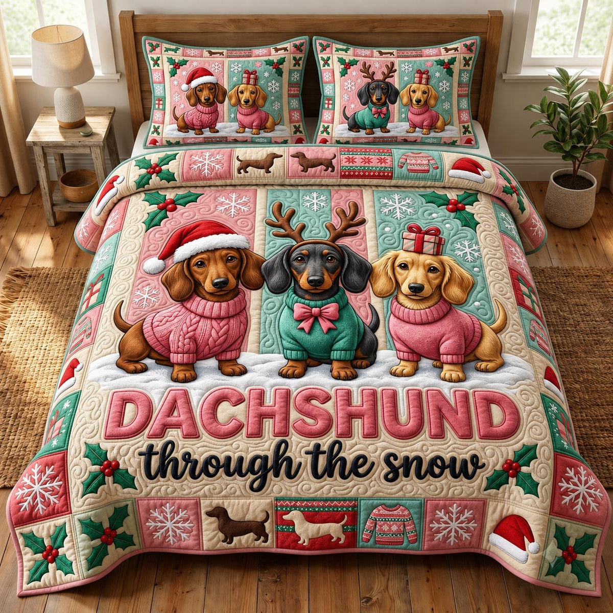 Christmas Dachshund quilted 3-piece bedding set on a made bed in a winter-styled bedroom