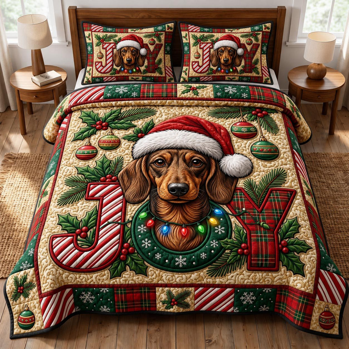 Christmas Dachshund quilted 3-piece bedding set on a made bed in a winter-styled bedroom