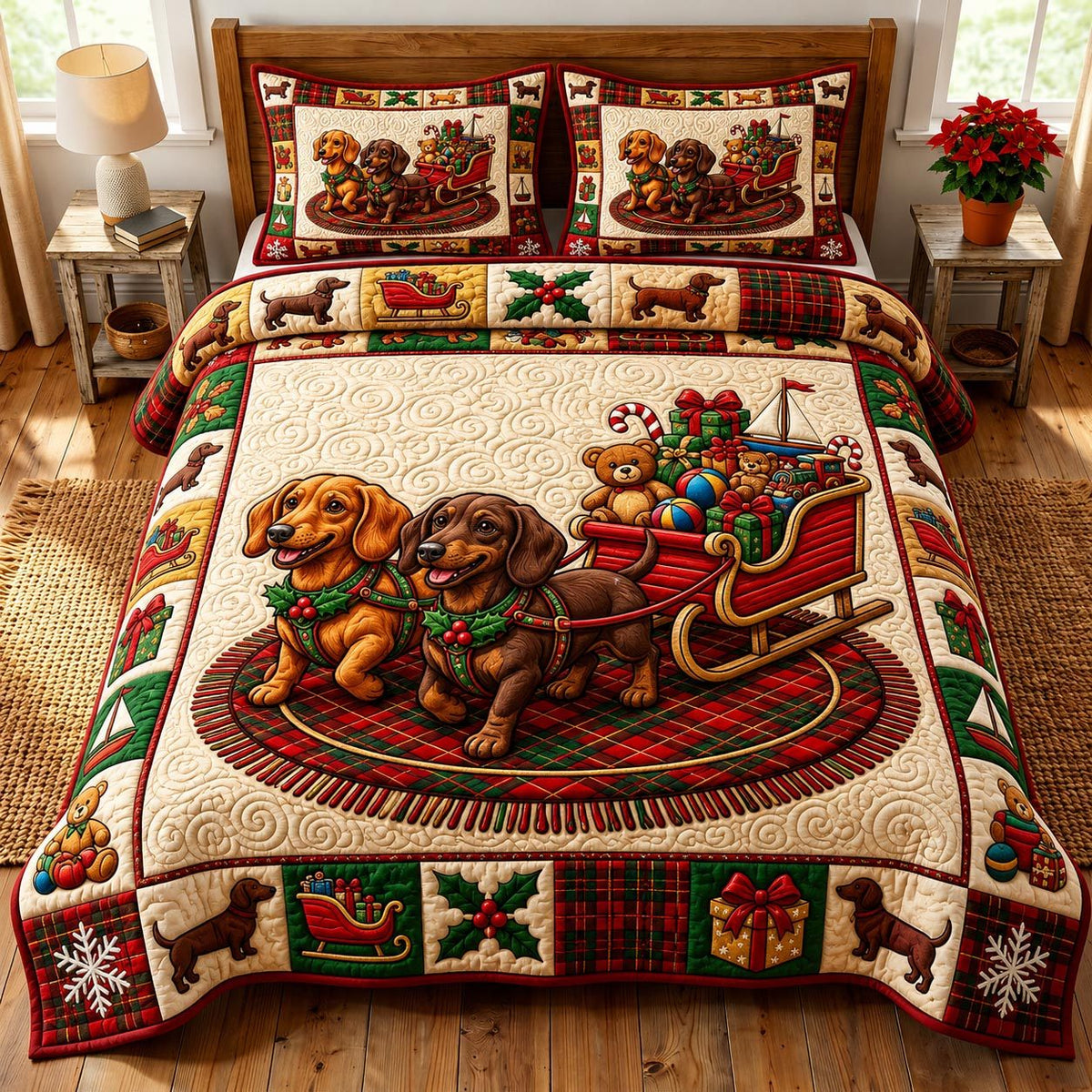 Christmas Dachshund quilted 3-piece bedding set on a made bed in a winter-styled bedroom