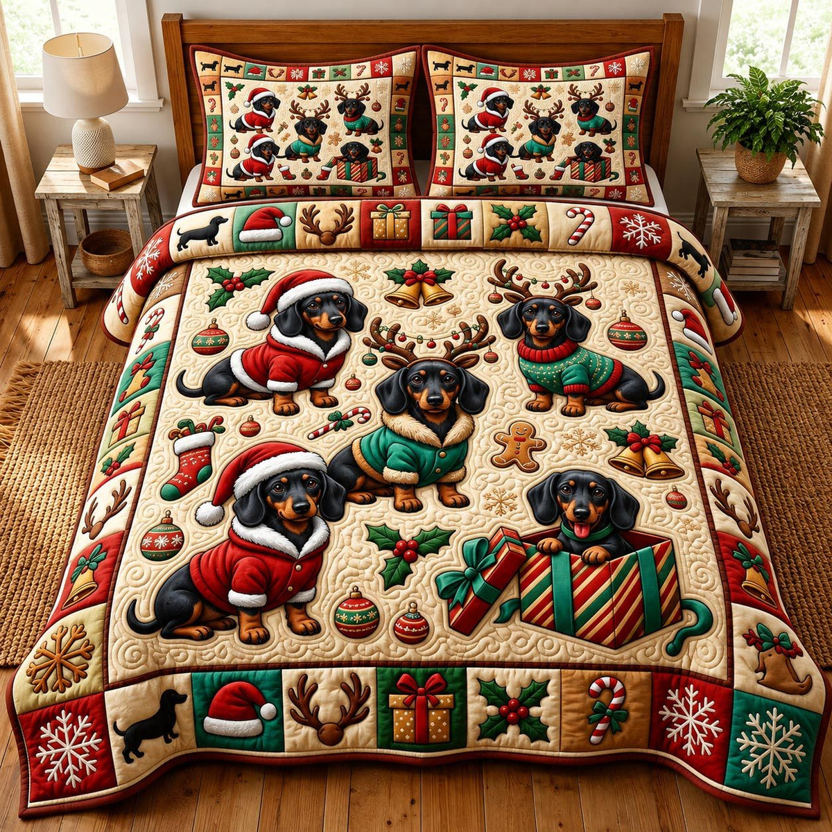Christmas Dachshund quilted 3-piece bedding set on a made bed in a winter-styled bedroom