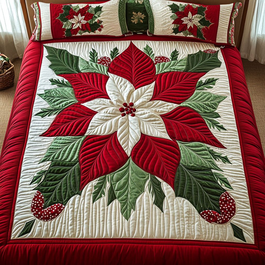 Christmas Eve Charm quilted 3-piece bedding set on a made bed in a winter-styled bedroom