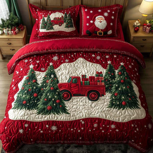 Christmas Eve Drive quilted 3-piece bedding set on a made bed in a winter-styled bedroom
