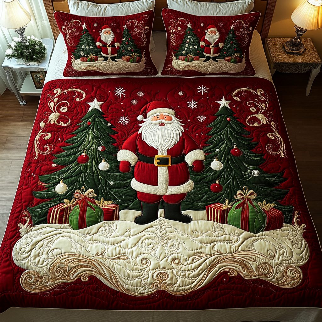 Christmas Eve quilted 3-piece bedding set on a made bed in a winter-styled bedroom