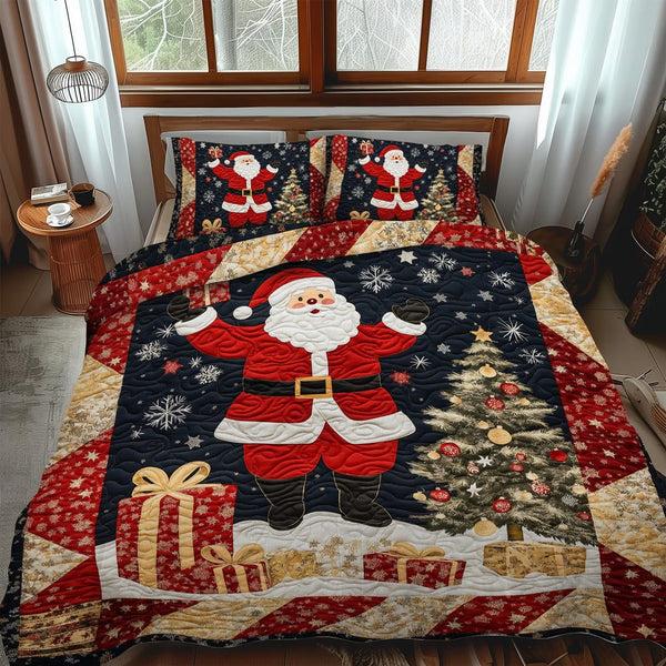 Christmas Eve Santa quilted 3-piece bedding set on a made bed in a winter-styled bedroom