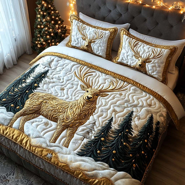 Christmas Eve Sentinel quilted 3-piece bedding set on a made bed in a winter-styled bedroom