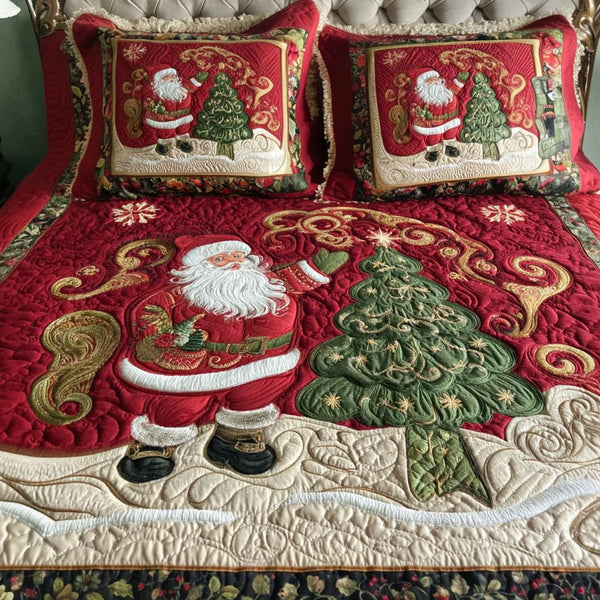 Christmas Eve Wonder quilted 3-piece bedding set on a made bed in a winter-styled bedroom