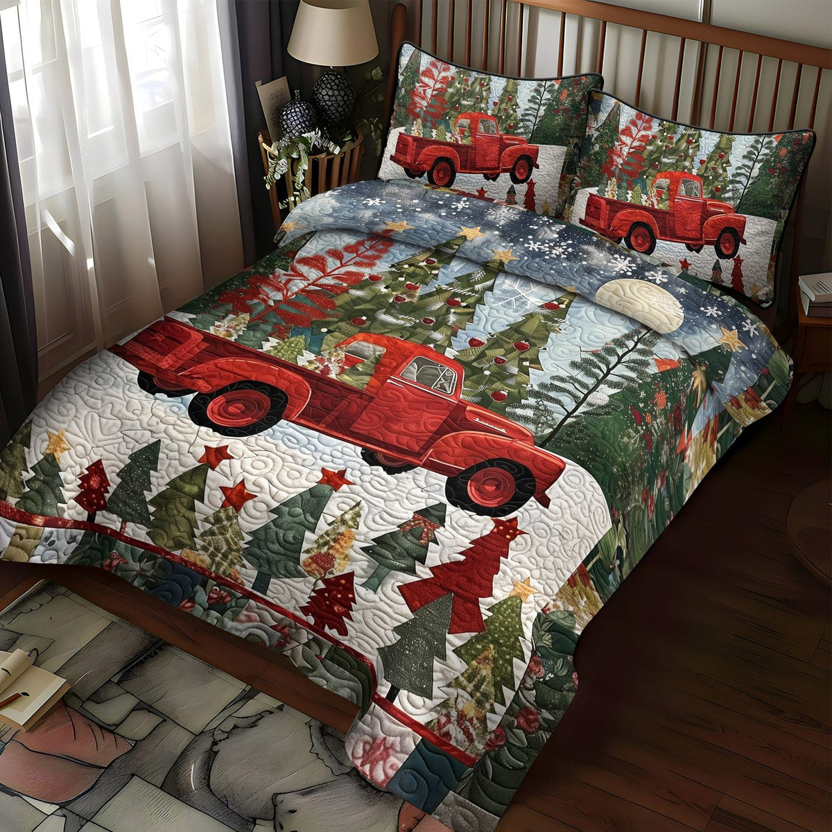 Christmas Express quilted 3-piece bedding set on a made bed in a winter-styled bedroom