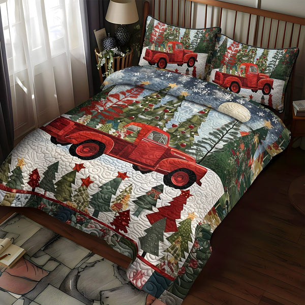 Christmas Express quilted 3-piece bedding set on a made bed in a winter-styled bedroom
