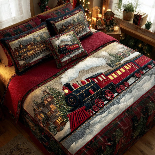 Christmas Express quilted 3-piece bedding set on a made bed in a winter-styled bedroom